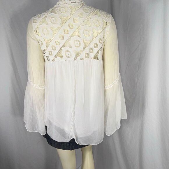 Made in Italy 100% Silk Lace Boho Blouse Sheer Bell Sleeve Peasant Top Romantic - Picture 6 of 15